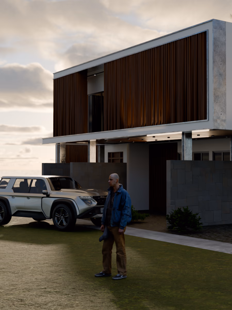 AI-generated modern house with cedar-slat facade rendered in Blender using 3D-Agent