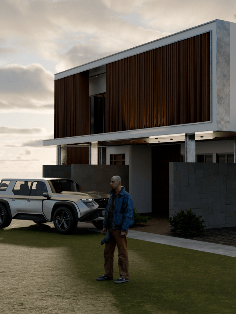 AI-generated modern house with cedar-slat facade rendered in Blender using 3D-Agent