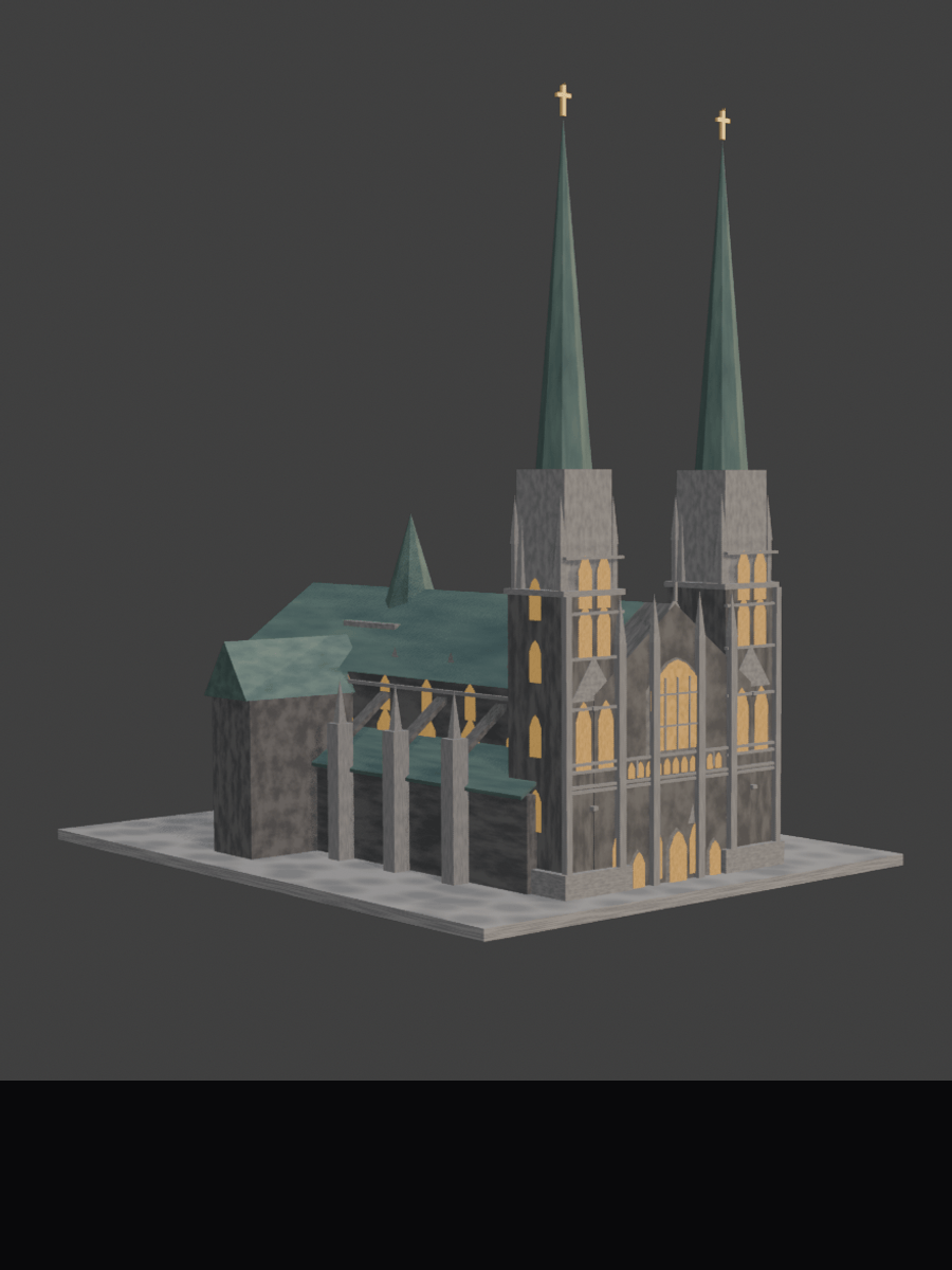 AI-generated Gothic church game asset rendered in Blender using 3D-Agent