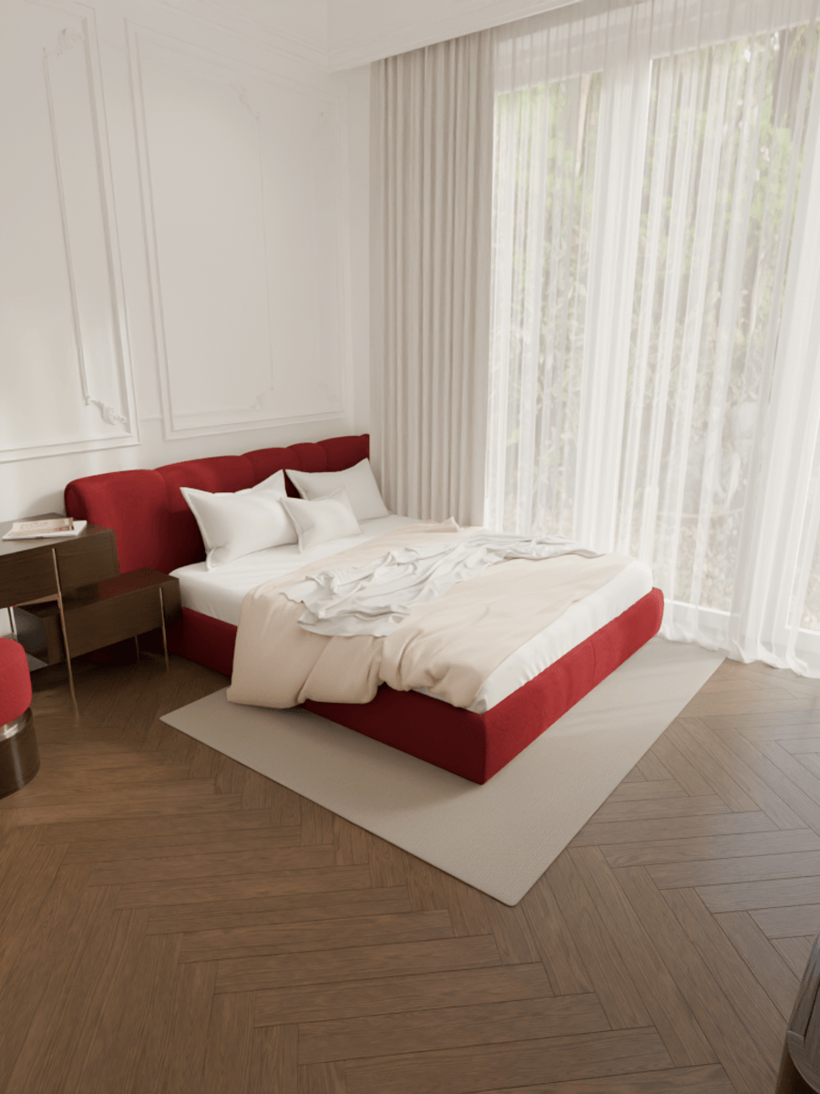AI-generated photorealistic bedroom interior with herringbone wood floors rendered in Blender using 3D-Agent